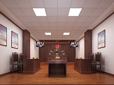 Traditional Courtroom Interior Design With Judge's Bench Wooden Seats Wall Posters And Ceiling Lights 3d model