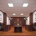 Traditional Courtroom Interior Design With Judge's Bench Wooden Seats Wall Posters And Ceiling Lights