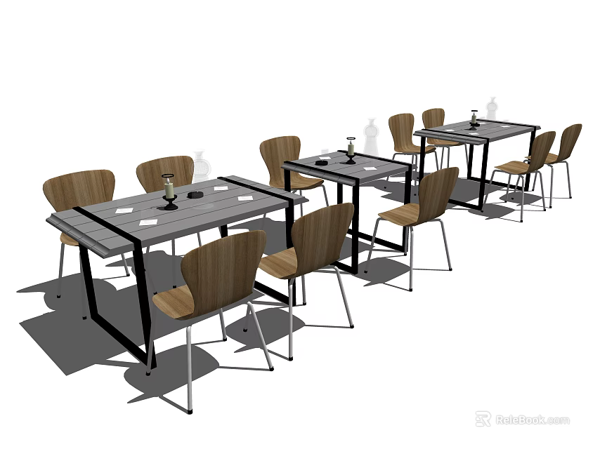 Modern Dining Table Set With Rectangular Wooden Top And Metal Frame Chairs 3d model