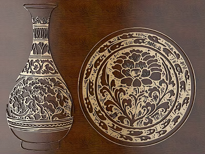 Intricately Carved Vase and Plate with Floral Patterns on Wooden Background 3d model