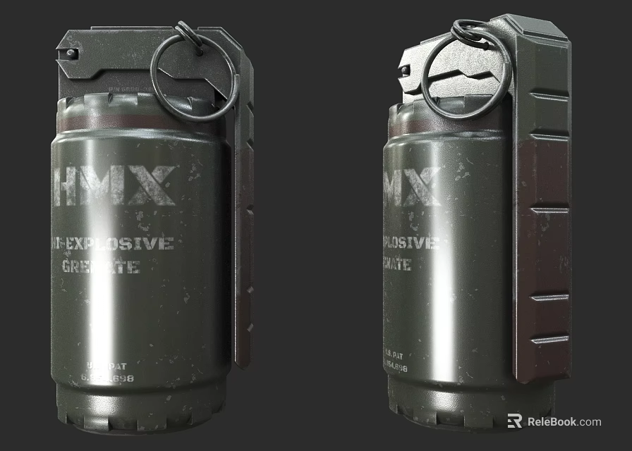Two HMX Explosive Grenades Military Design with Metal Casing and Pull Ring 3d model 