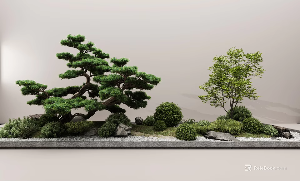 Landscape Wall Design With Pine Tree Green Plants Stones And Bushes 3d model 