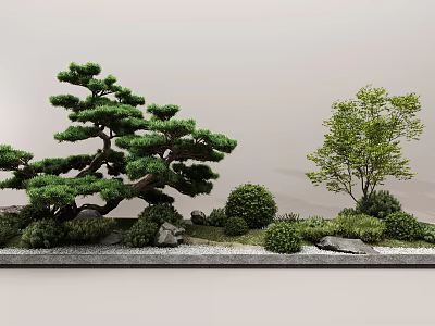 Landscape Wall Design With Pine Tree Green Plants Stones And Bushes 3d model