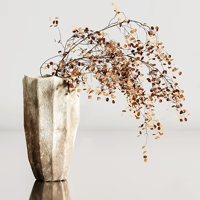 Textured Beige Vase With Golden Drooping Branches And Small Leaves For Modern Home Decor 3d model