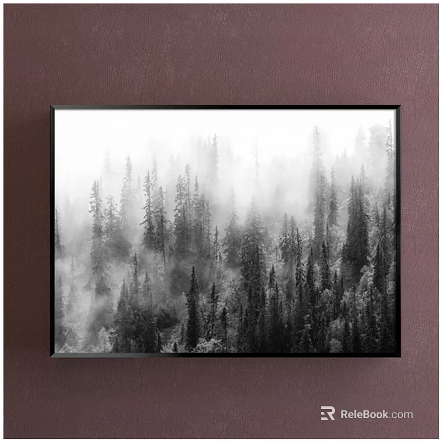Monochrome Misty Forest Landscape Painting With Dense Trees Framed On Wall 3d model 