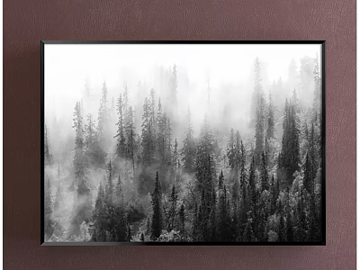 Monochrome Misty Forest Landscape Painting With Dense Trees Framed On Wall 3d model