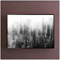 Monochrome Misty Forest Landscape Painting With Dense Trees Framed On Wall