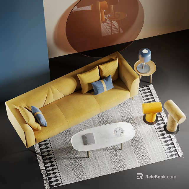 Modern Yellow Sofa and Coffee Table Set with Decorative Cushions and Geometric Pattern Rug 3d model