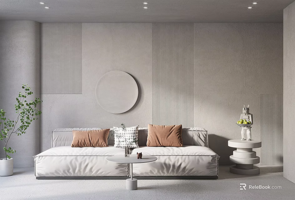 Modern Minimalist Multi Seater Sofa With Cushions Coffee Table And Circular Wall Art 3d model