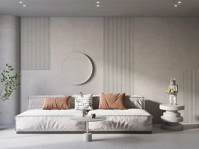 Modern Minimalist Multi Seater Sofa With Cushions Coffee Table And Circular Wall Art 3d model