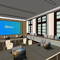 Public Office Space With Open Layout Circular Pendant Lights Large Screen And Natural Light 3d model