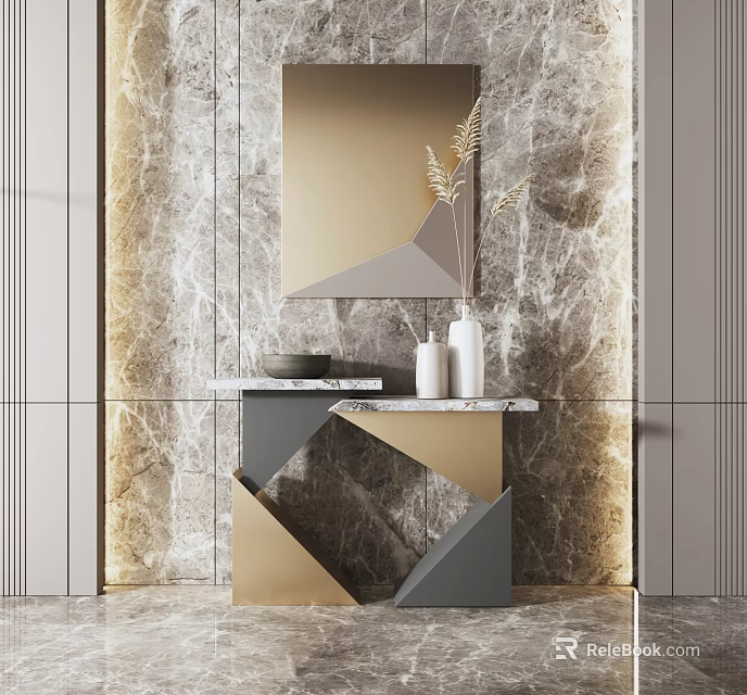 Modern Console Table With Geometric Design And Marble Wall Background Decorative Vases 3d model