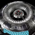 Futuristic Mechanical Device Featuring Circular Metallic Structure And Detailed Grid Pattern Control Panels