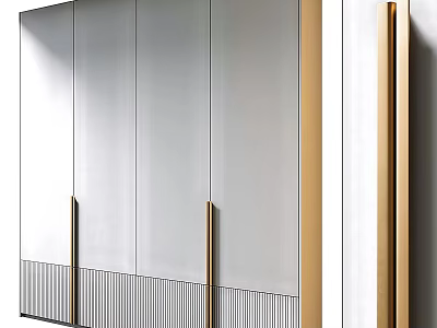 Modern Glossy Wardrobe With Gold Handles And Vertical Ribbed Base Design Elements 3d model