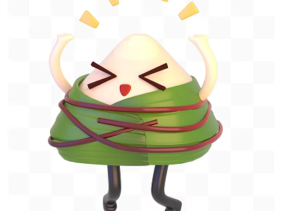 Cute Anthropomorphic Rice Dumpling Character Jumping With Green Leaves And Yellow Crumbs 3d model