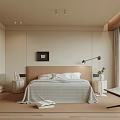 Modern Bedroom Interior With Beige Walls Brown Headboard Gray Quilt White Pillows And Nightstands