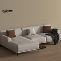 Poliform White L Shaped Multi Seater Sofa With Brown White Cushions And Throw Blanket 3d model