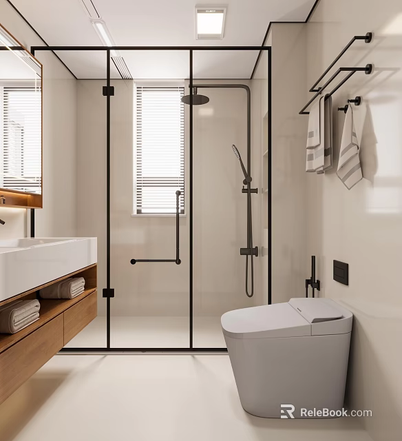 Modern Bathroom Interior Design With Glass Shower Enclosure Wooden Vanity And Toilet 3d model 