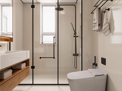 Modern Bathroom Interior Design With Glass Shower Enclosure Wooden Vanity And Toilet 3d model