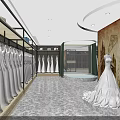 Modern Bridal Shop Interior With Hanging Wedding Dresses Displayed Gown And Decorative Wall