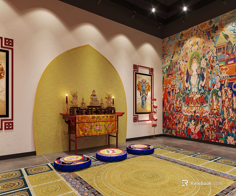 Religious Worship Space Featuring Yellow Arch Altar Table Candlesticks Incense Burners Mats And Colorful Murals 3d model 
