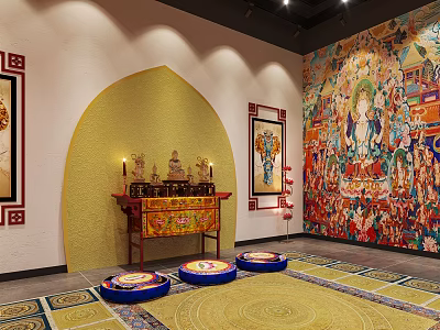 Religious Worship Space Featuring Yellow Arch Altar Table Candlesticks Incense Burners Mats And Colorful Murals 3d model