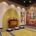 Religious Worship Space Featuring Yellow Arch Altar Table Candlesticks Incense Burners Mats And Colorful Murals