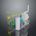 Industrial Equipment Setup With Pipes Tanks Cylindrical Unit Valves And Colored Containers