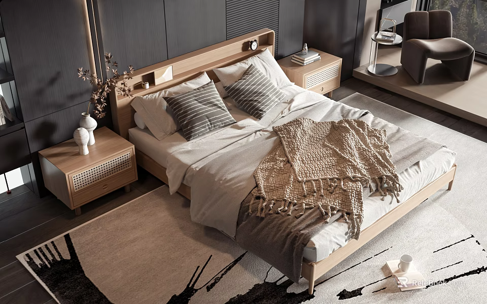 Modern Double Bed with Wooden Headboard Nightstands Pillows and Knitted Blanket on Rug 3d model 