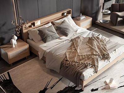 Modern Double Bed with Wooden Headboard Nightstands Pillows and Knitted Blanket on Rug 3d model