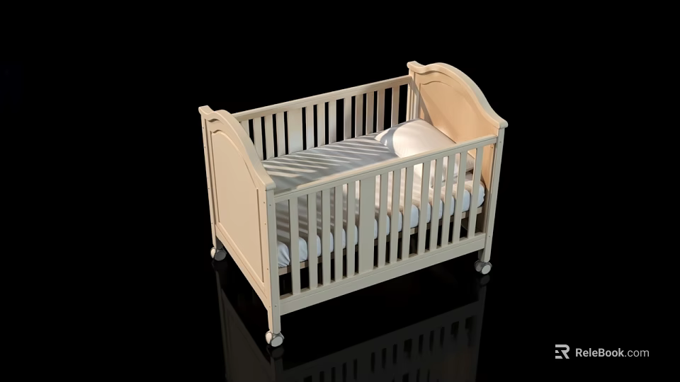 Light Colored Wooden Baby Crib With Safety Rails Striped Mattress And Wheels 3d model 