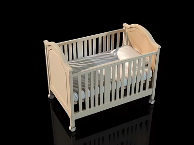 Light Colored Wooden Baby Crib With Safety Rails Striped Mattress And Wheels 3d model