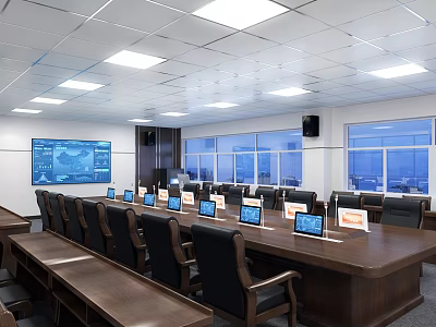 Modern Conference Room With Long Table Black Chairs Laptops Large Screen And Windows 3d model