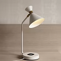 White Table Lamp With Conical Shade Curved Metal Arm Round Base And Warm Light