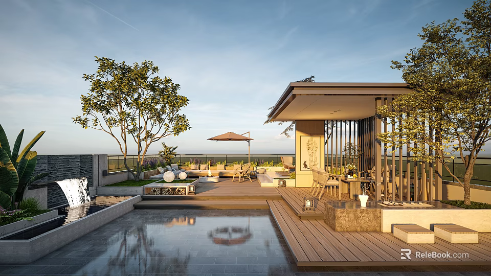 Rooftop Garden Design With Swimming Pool Wooden Deck Outdoor Seating And Lush Green Plants 3d model 