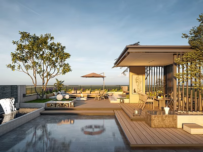 Rooftop Garden Design With Swimming Pool Wooden Deck Outdoor Seating And Lush Green Plants 3d model