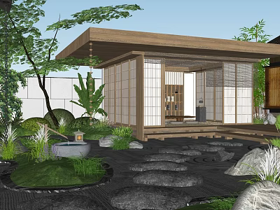 Traditional Japanese Courtyard Garden With Wooden Roof Stone Path And Lush Greenery 3d model