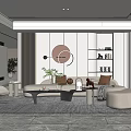 Modern Living Room Interior With Sofa Chair Coffee Table Circular Decor Shelves And Plant