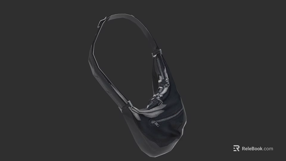 Black Shiny Leather Shoulder Bag With Adjustable Strap And Zipper Detail 3d model 