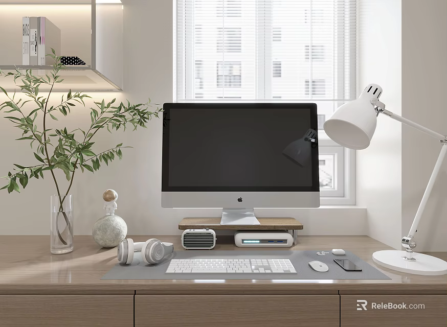 iMac Desktop Setup with Headphones Speaker Lamp and Green Plant on Wooden Desk 3d model 
