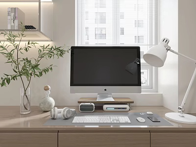 iMac Desktop Setup with Headphones Speaker Lamp and Green Plant on Wooden Desk 3d model
