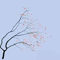 Tall Arbor Tree With Slender Branches And Red Blossoms On Light Blue Background