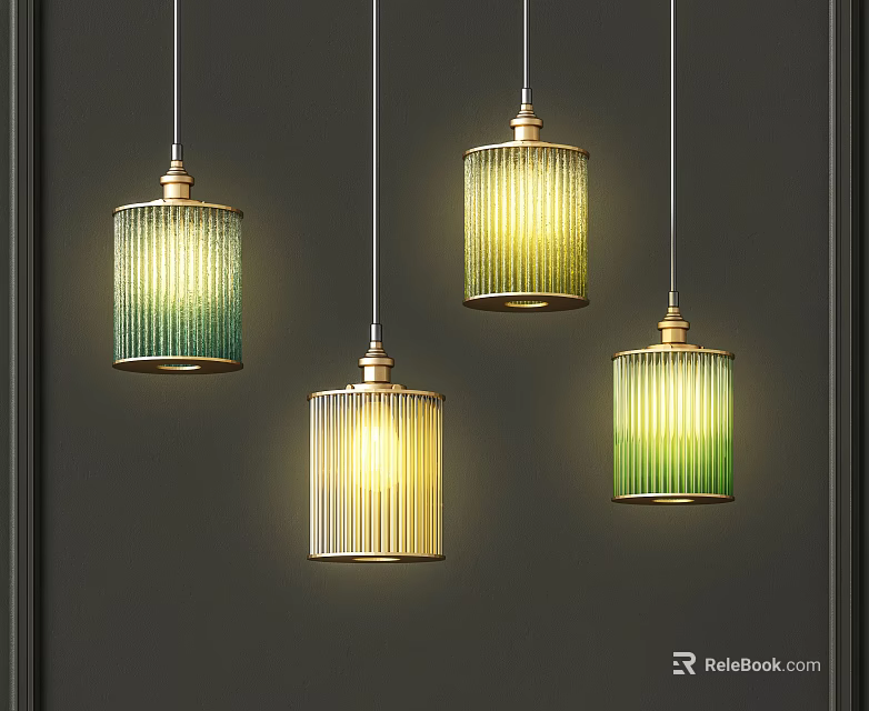 Four Hanging Pendant Lights With Green And Yellow Gradient Cylindrical Striped Shades On Dark Wall 3d model 