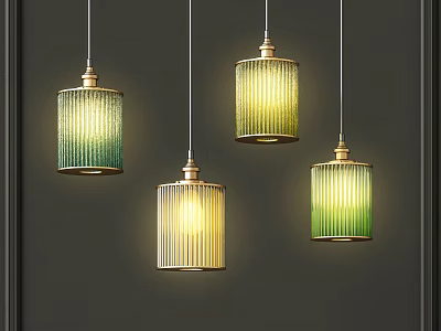 Four Hanging Pendant Lights With Green And Yellow Gradient Cylindrical Striped Shades On Dark Wall 3d model