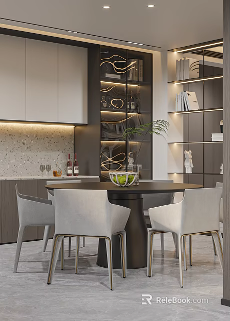 Modern Dining Area With Round Black Table Grey Chairs And Illuminated Display Shelves 3d model 