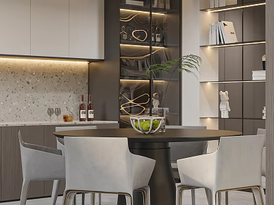 Modern Dining Area With Round Black Table Grey Chairs And Illuminated Display Shelves 3d model