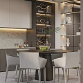 Modern Dining Area With Round Black Table Grey Chairs And Illuminated Display Shelves