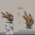Handcrafted Wooden Sculpture Artwork On Marble Base With Bamboo Plants