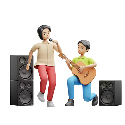 Two People Singing Into Microphone And Playing Guitar With Speakers Nearby 3d model