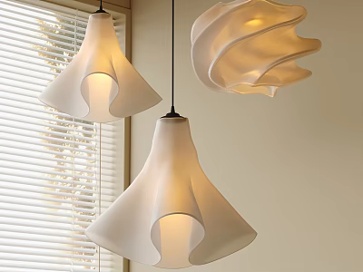 Modern White Flowing Shape Pendant Lights With Warm Glow And Window Blinds 3d model